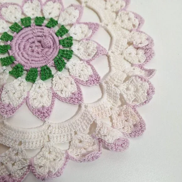 Hand Crocheted Lace Doily Flower Lavender White Green Purple Cotton 10 Inch - Picture 9 of 14